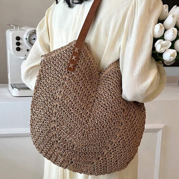 Boho Vegan Leather Strap Minimalist Straw Tote Bag - Picture 7 of 14